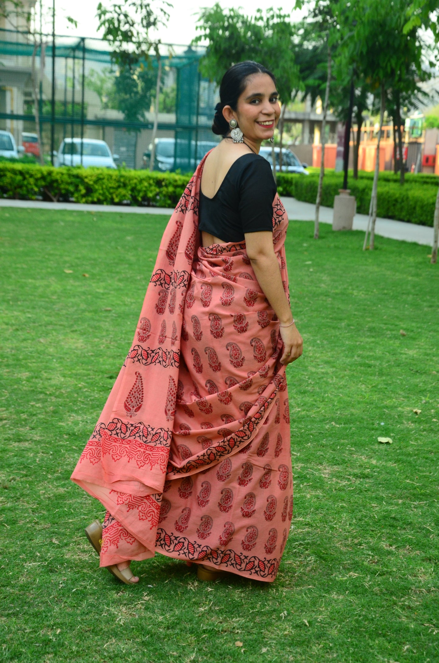 Jaipur Pink Handblock Print Natural Dyed Mulmul Cotton Saree