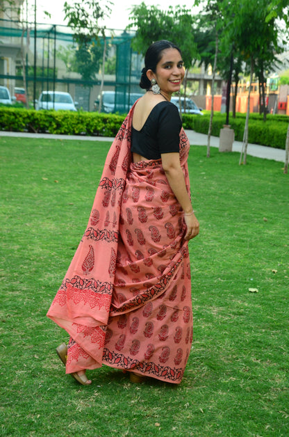 Jaipur Pink Handblock Print Natural Dyed Mulmul Cotton Saree