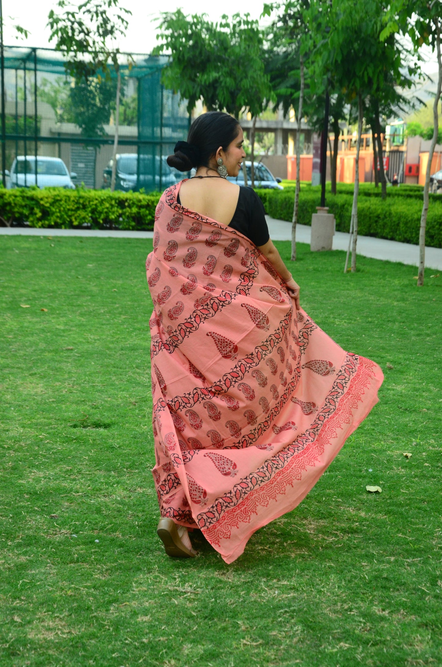 Jaipur Pink Handblock Print Natural Dyed Mulmul Cotton Saree