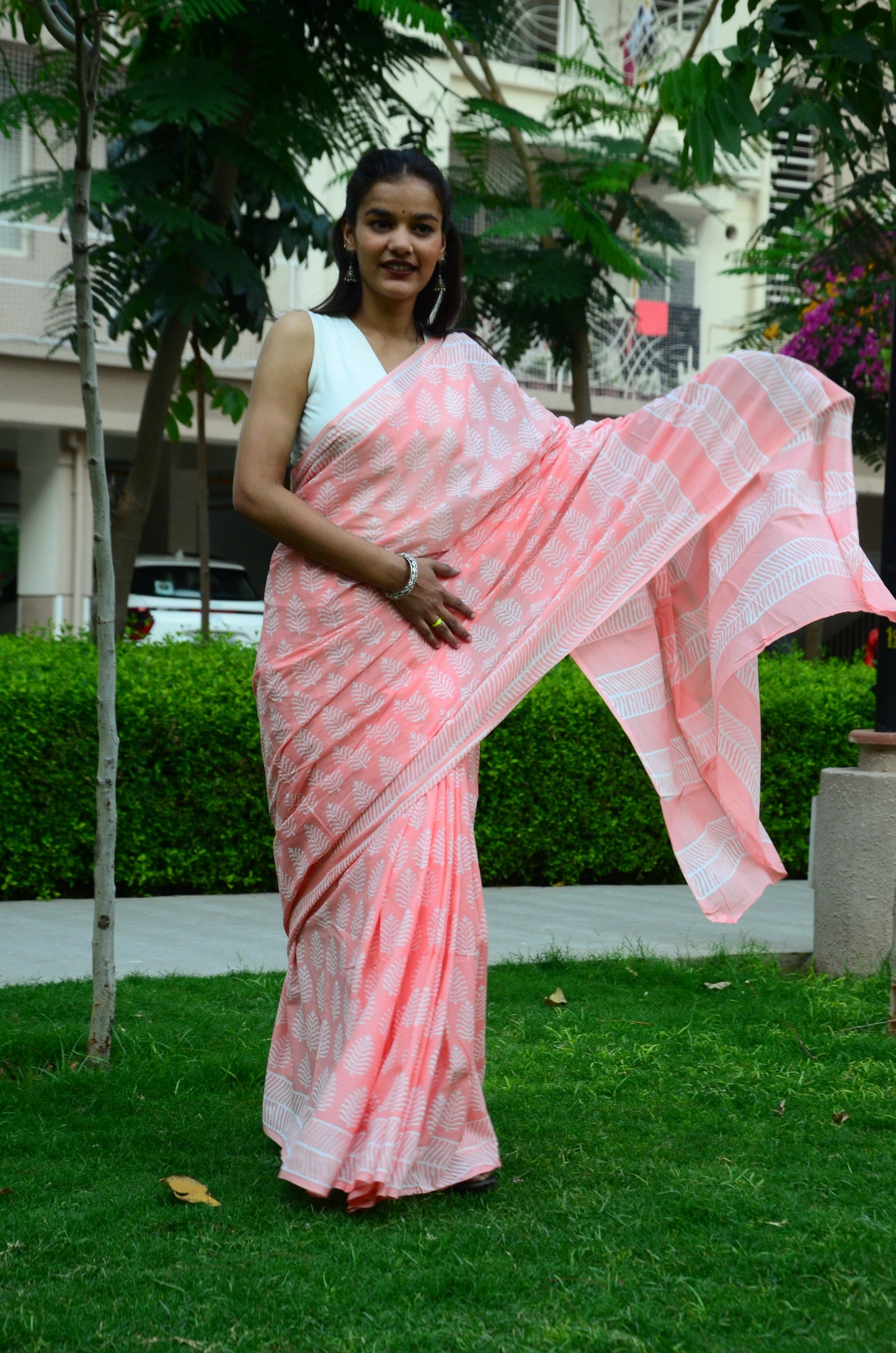 Peachy Affair Handblock Print Natural Dyed Mulmul Cotton Saree