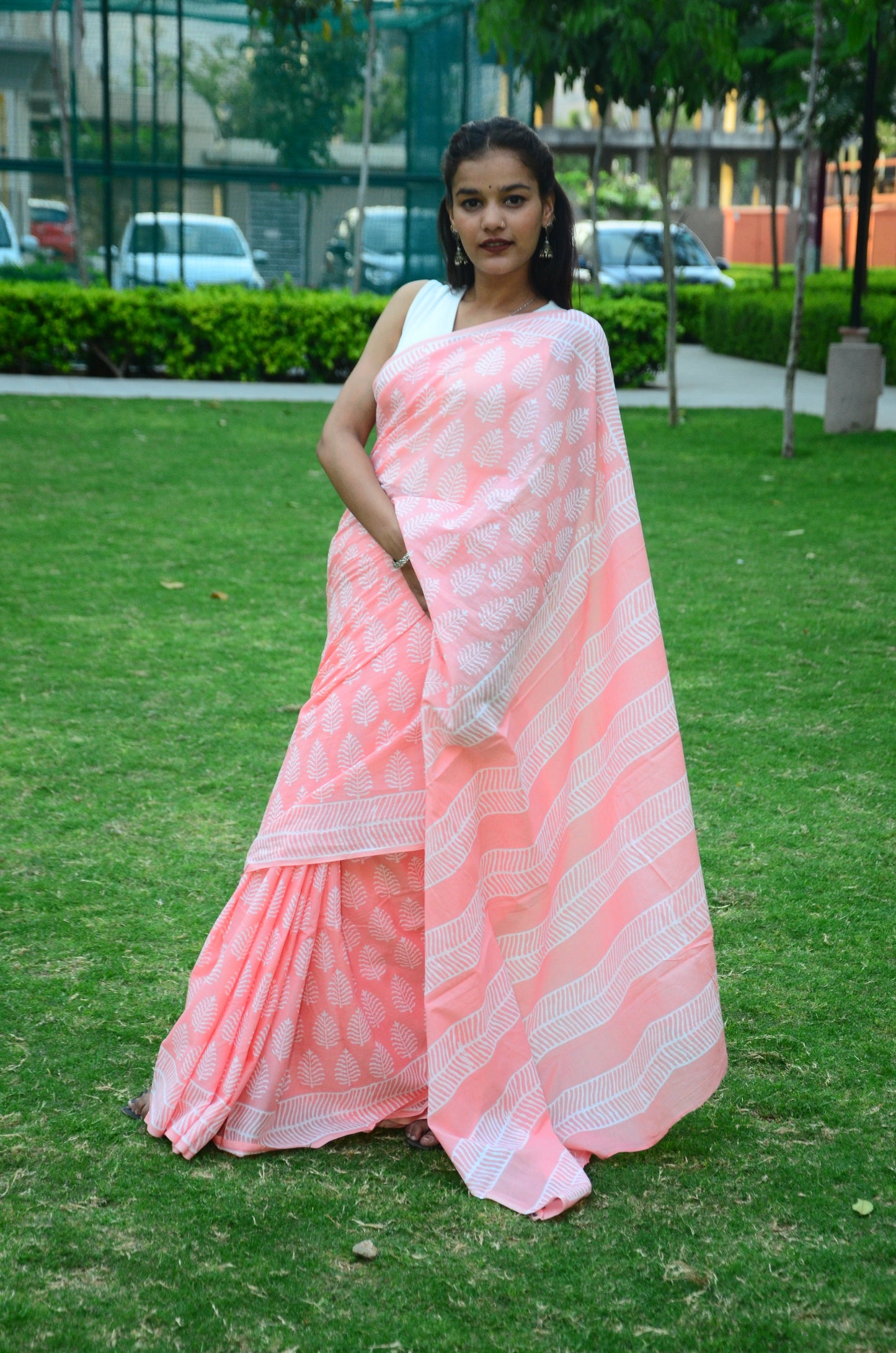 Peachy Affair Handblock Print Natural Dyed Mulmul Cotton Saree