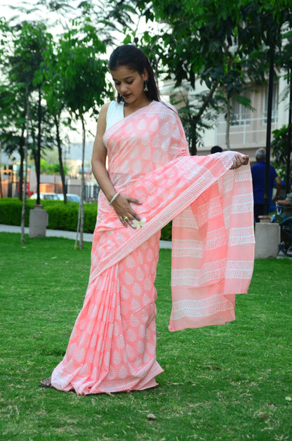 Peachy Affair Handblock Print Natural Dyed Mulmul Cotton Saree