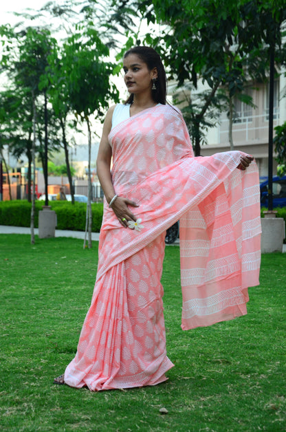 Peachy Affair Handblock Print Natural Dyed Mulmul Cotton Saree