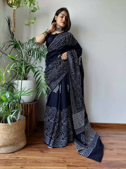 Vintage Vision Black Cotton Pocket Saree