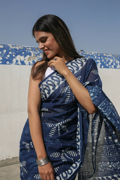 Indigo Dragonflies - Hand Block Print Mulmul Cotton Bagru Saree