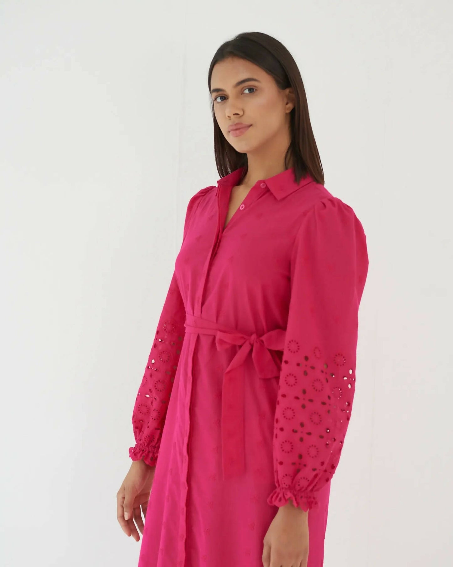 Effortless Elegance - Hot Pink Cotton Shirt Dress