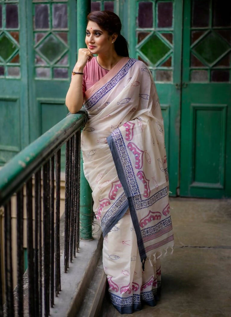 Padosan Block Print White Cotton Saree