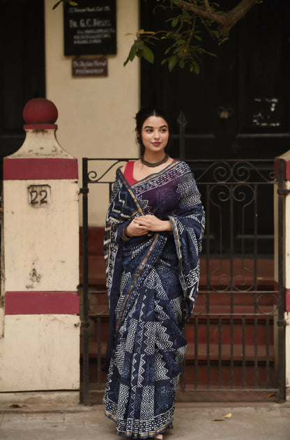 Indigo Waves - Hand Block Print Chanderi Silk Bagru Saree