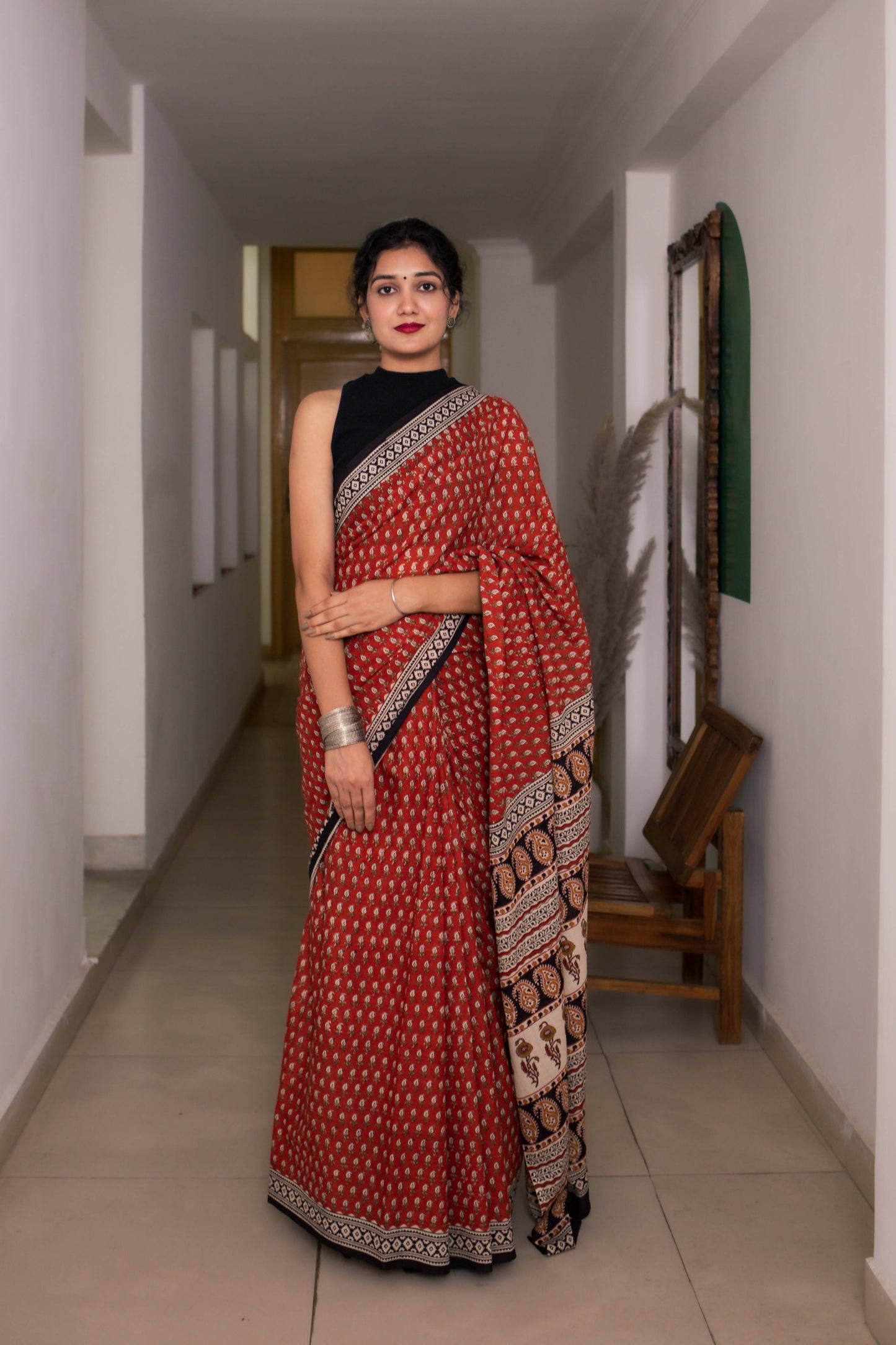 Ruby Red - Hand Block Print Mulmul Cotton Bagru Saree