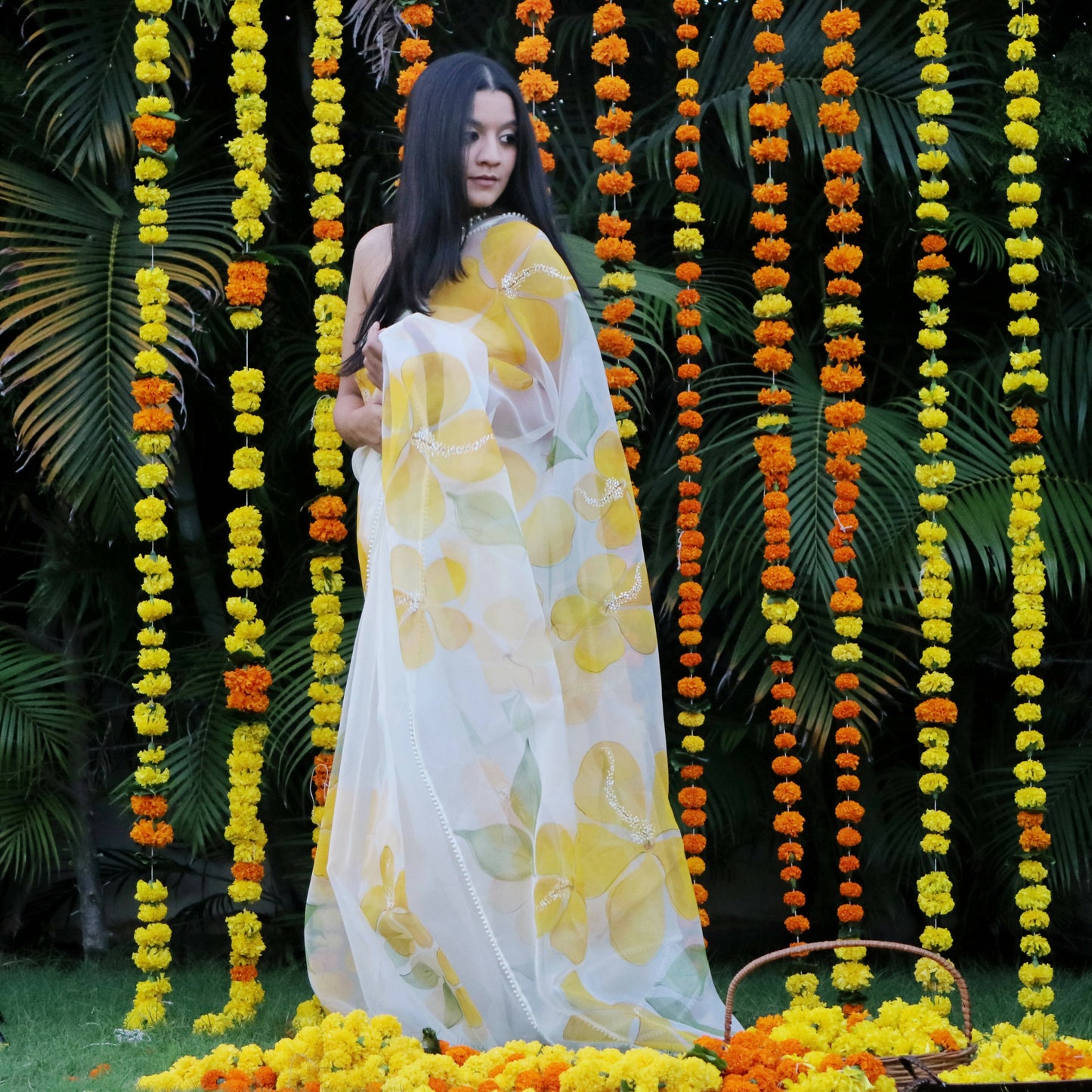 Hibiscus Organza Saree In Off-White