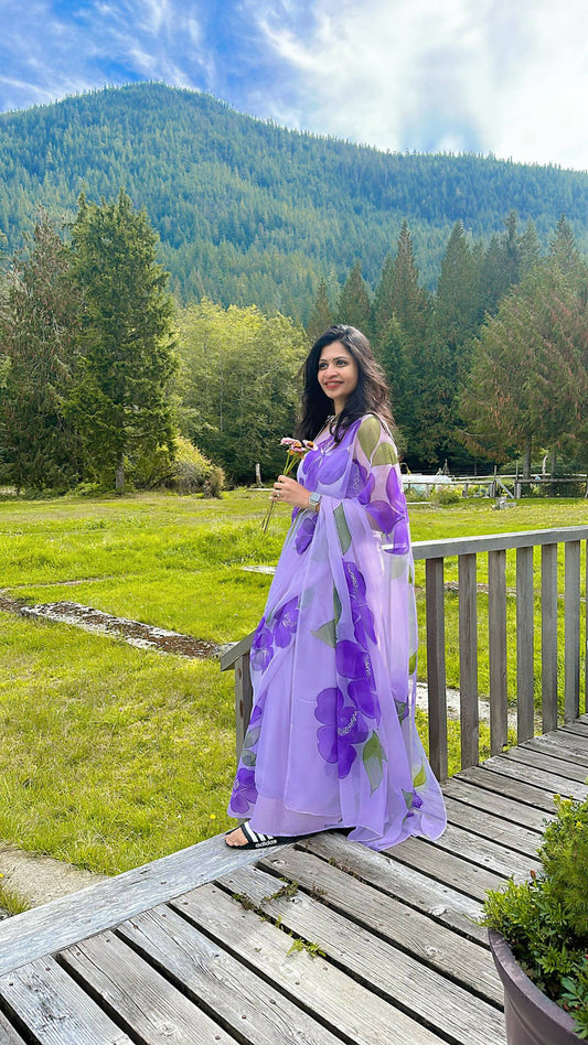 Lavender Hibiscus Chiffon Saree