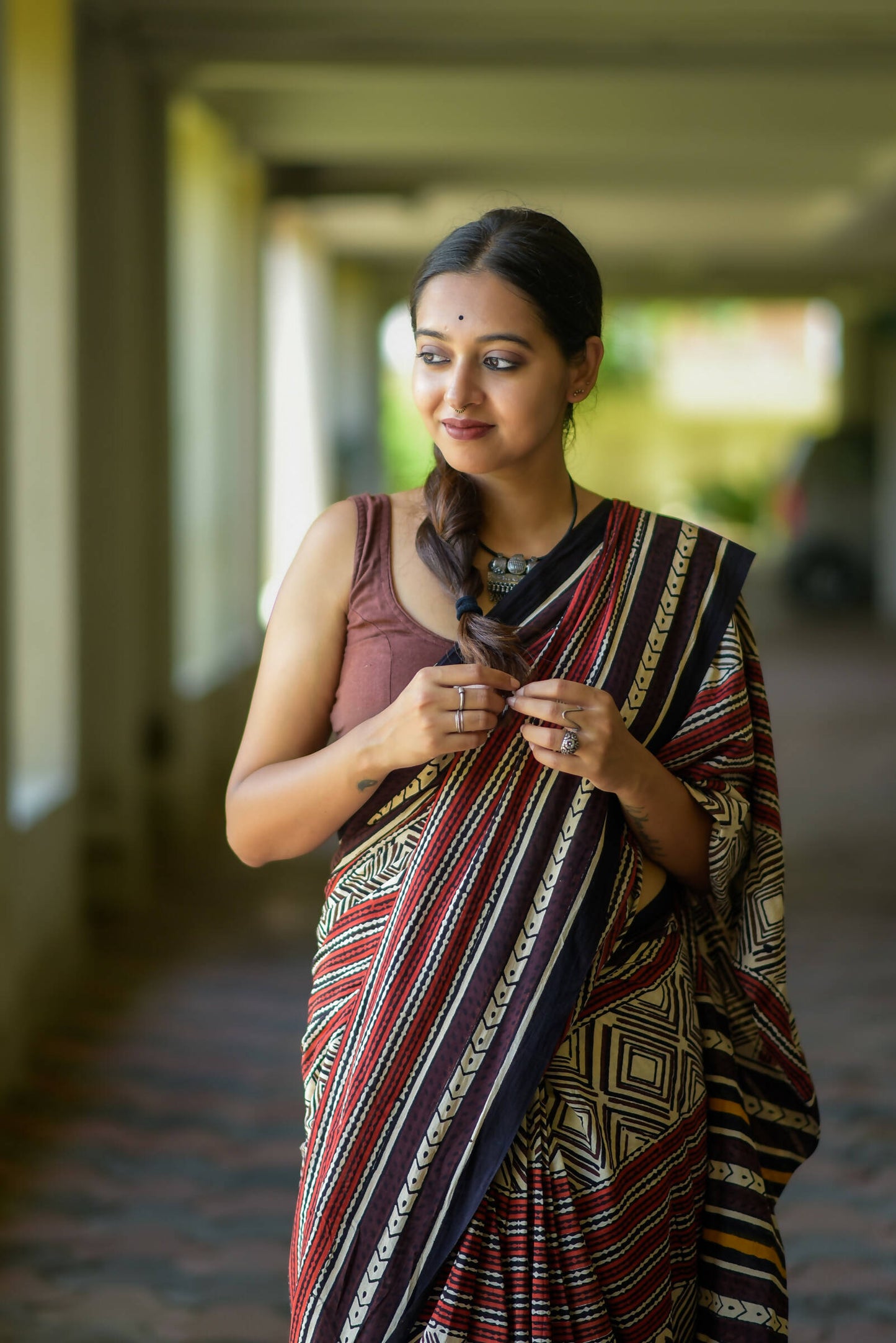 Antique Embrace - Hand Block Print Mulmul Cotton Bagru Saree