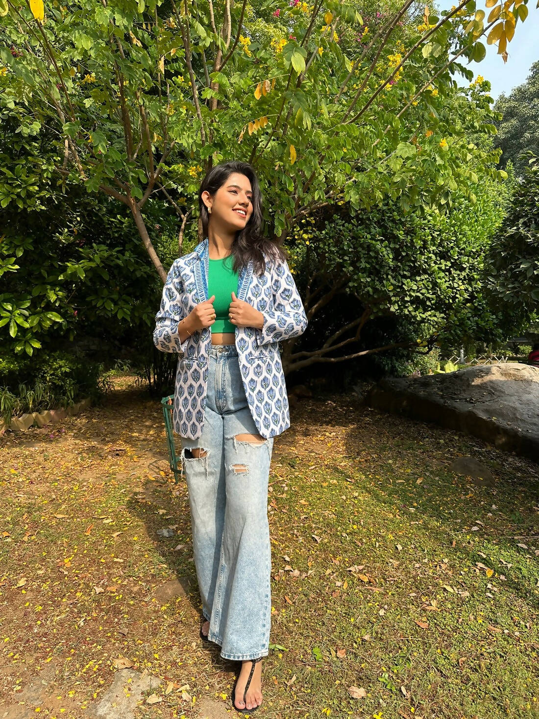 Floral Block Printed Blazer - Blue