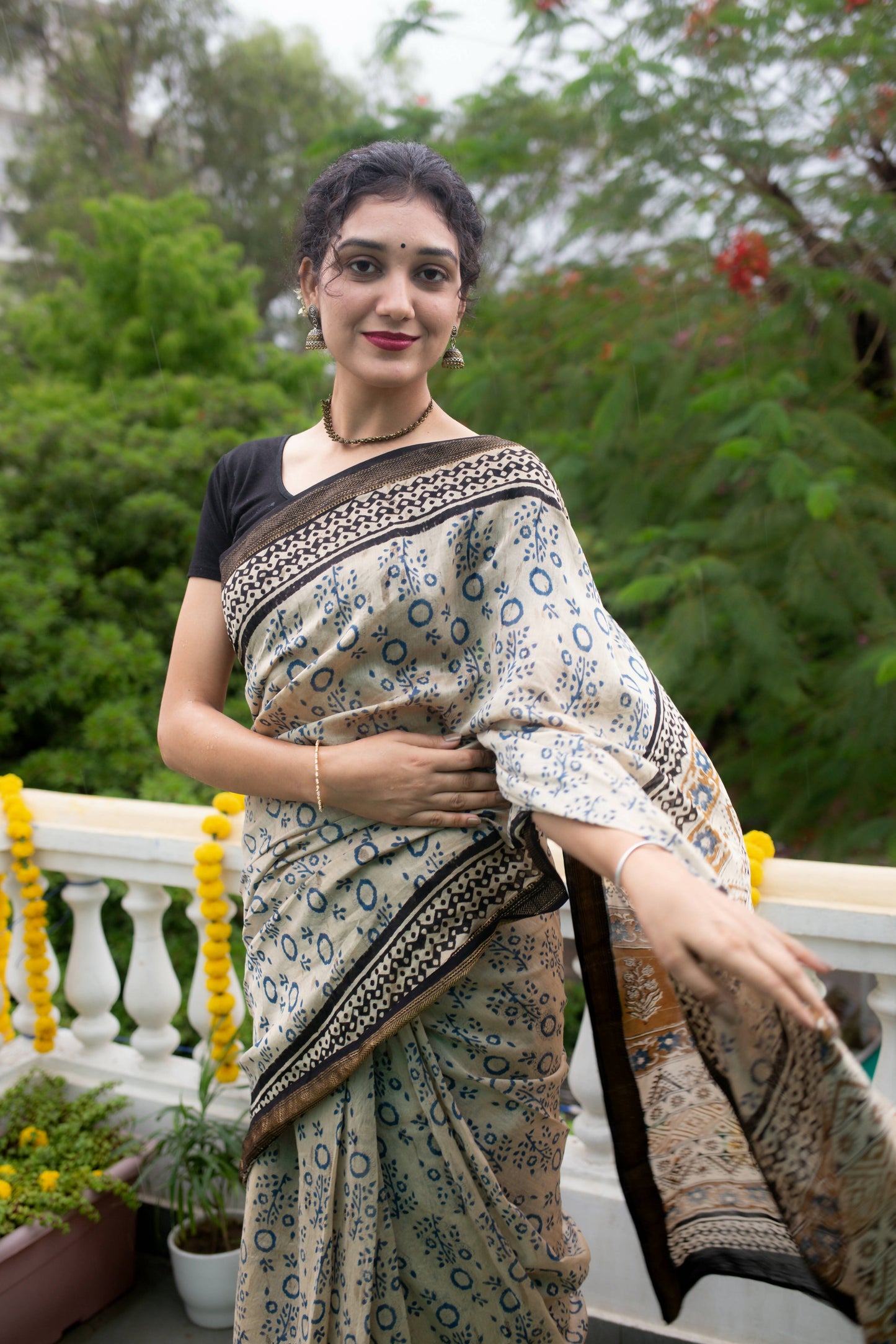 Morning Bliss - Hand Block Print Maheshwari Silk Bagru Saree