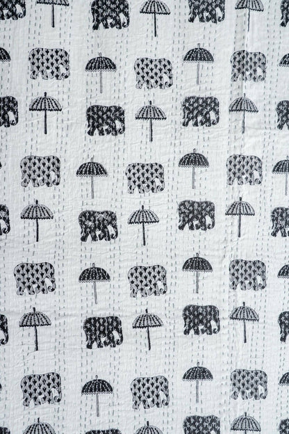 Black Elephant Umbrella Block Printed Kantha Bedcover