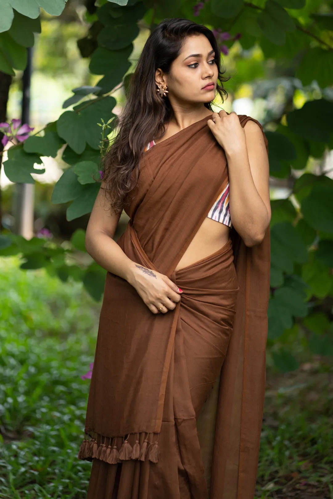 Buy Brown Kalamkari Work Saree In Silk Fabric And Unstitched Blouse