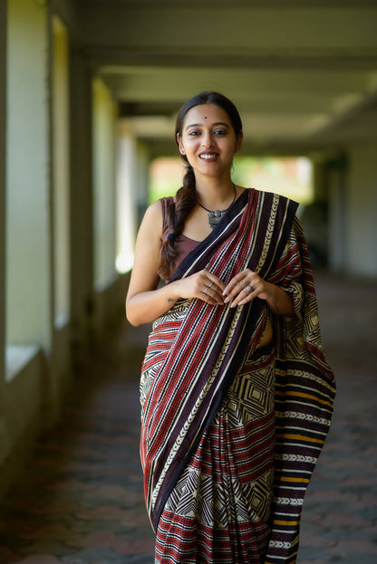 Antique Embrace - Hand Block Print Mulmul Cotton Bagru Saree