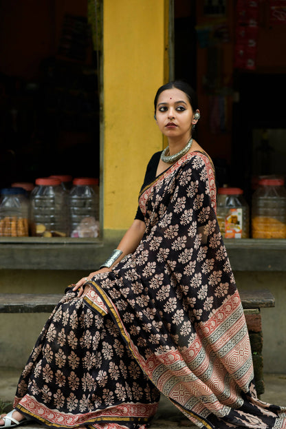 Night Blossom - Hand Block Print Chanderi Silk Saree