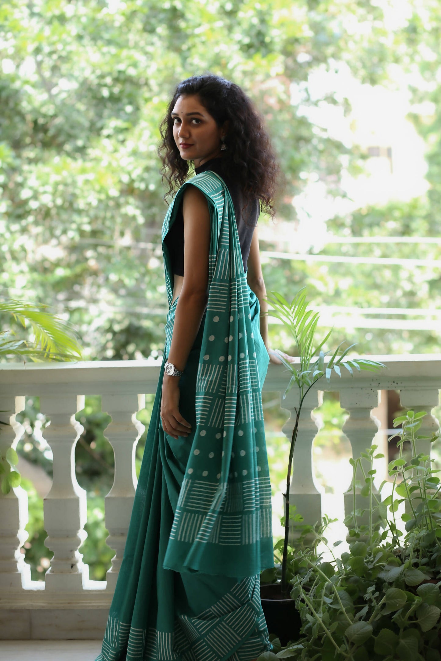 Lady in Green - Hand Block Print Mulmul Cotton Bagru Saree