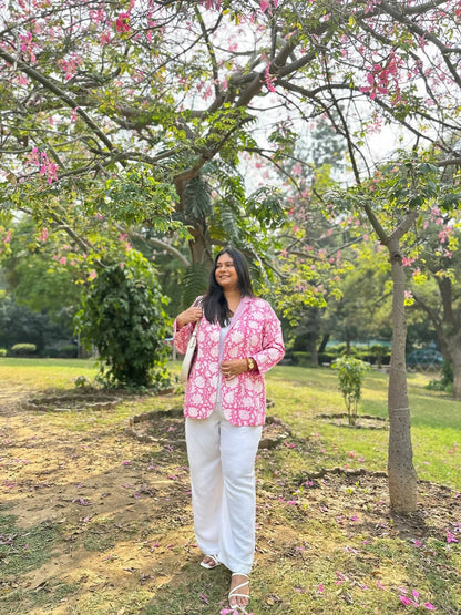 Floral Block Printed Blazer - Pink