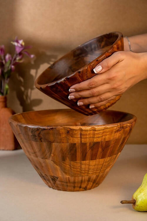 Serving Bowl Wooden Ribbed Large