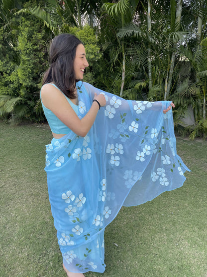 Dogwood White Flowers Chiffon Saree In Blue