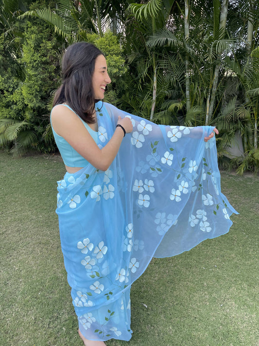 Dogwood White Flowers Chiffon Saree In Blue