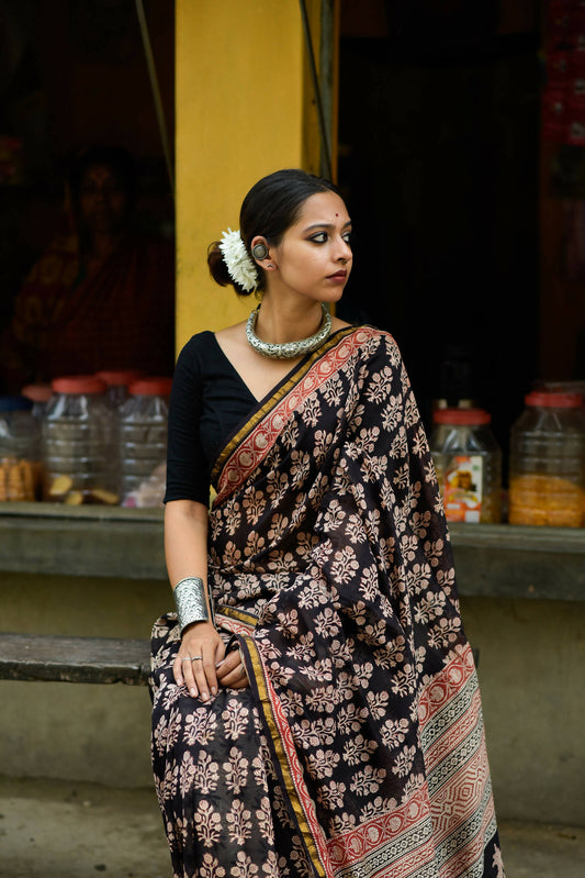 Night Blossom - Hand Block Print Chanderi Silk Saree