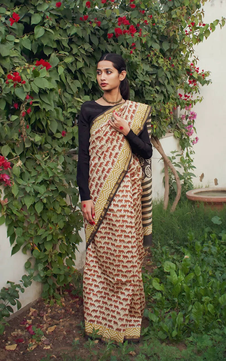 Tigress - Beige Hand Block Print Chanderi Silk Saree