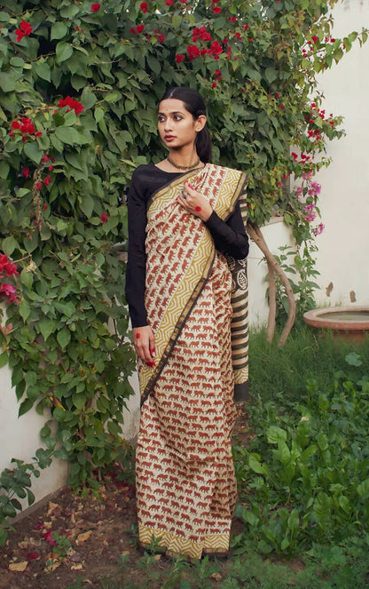 Tigress - Beige Hand Block Print Chanderi Silk Saree