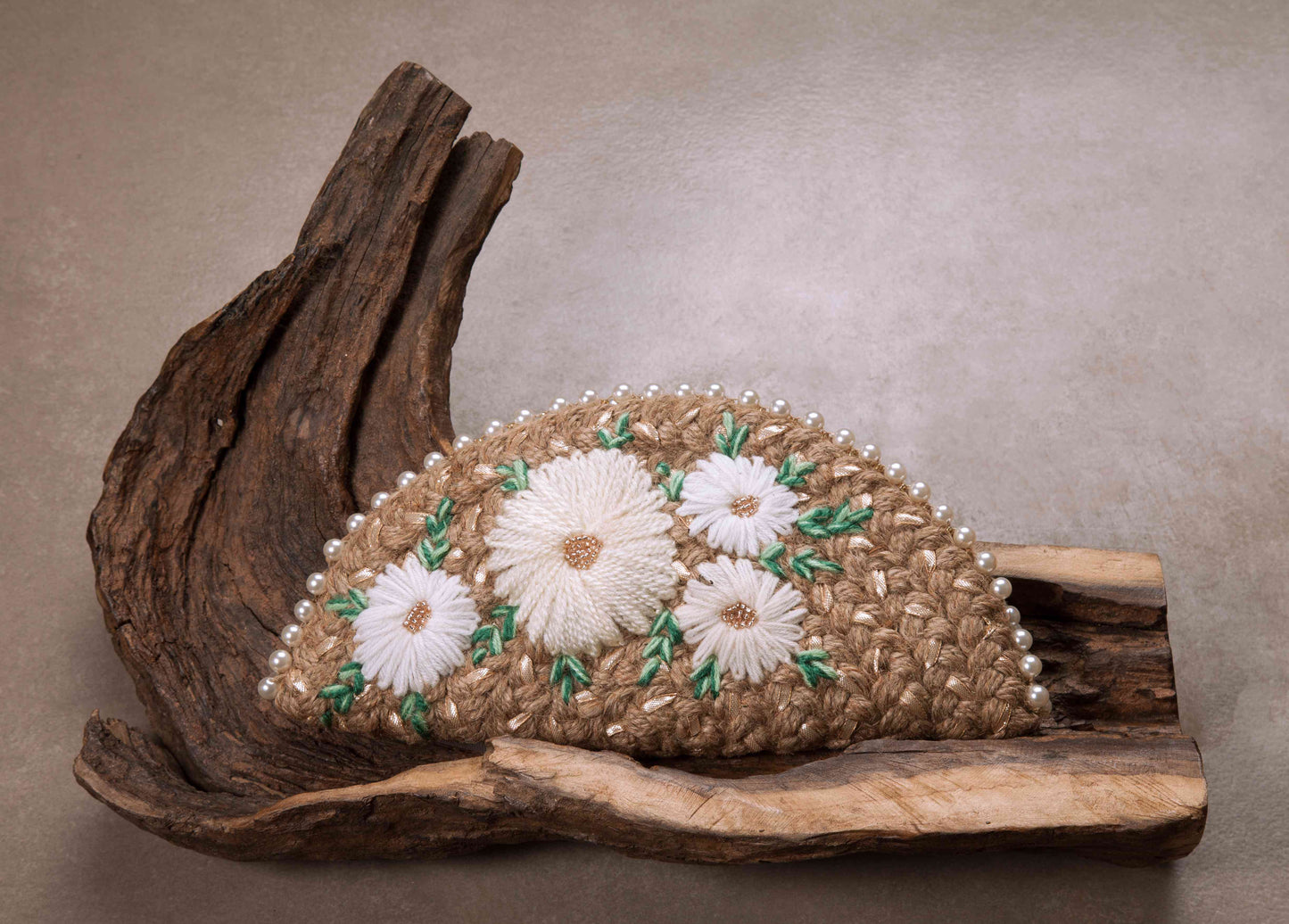 White daisy rose gold half moon clutch