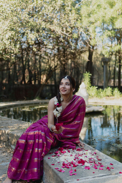 Gold & Silver Lurex Stripes Saree With Tassels