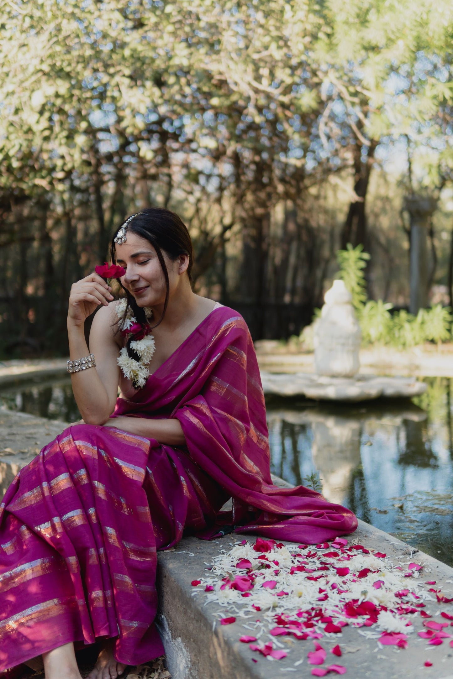 Gold & Silver Lurex Stripes Saree With Tassels