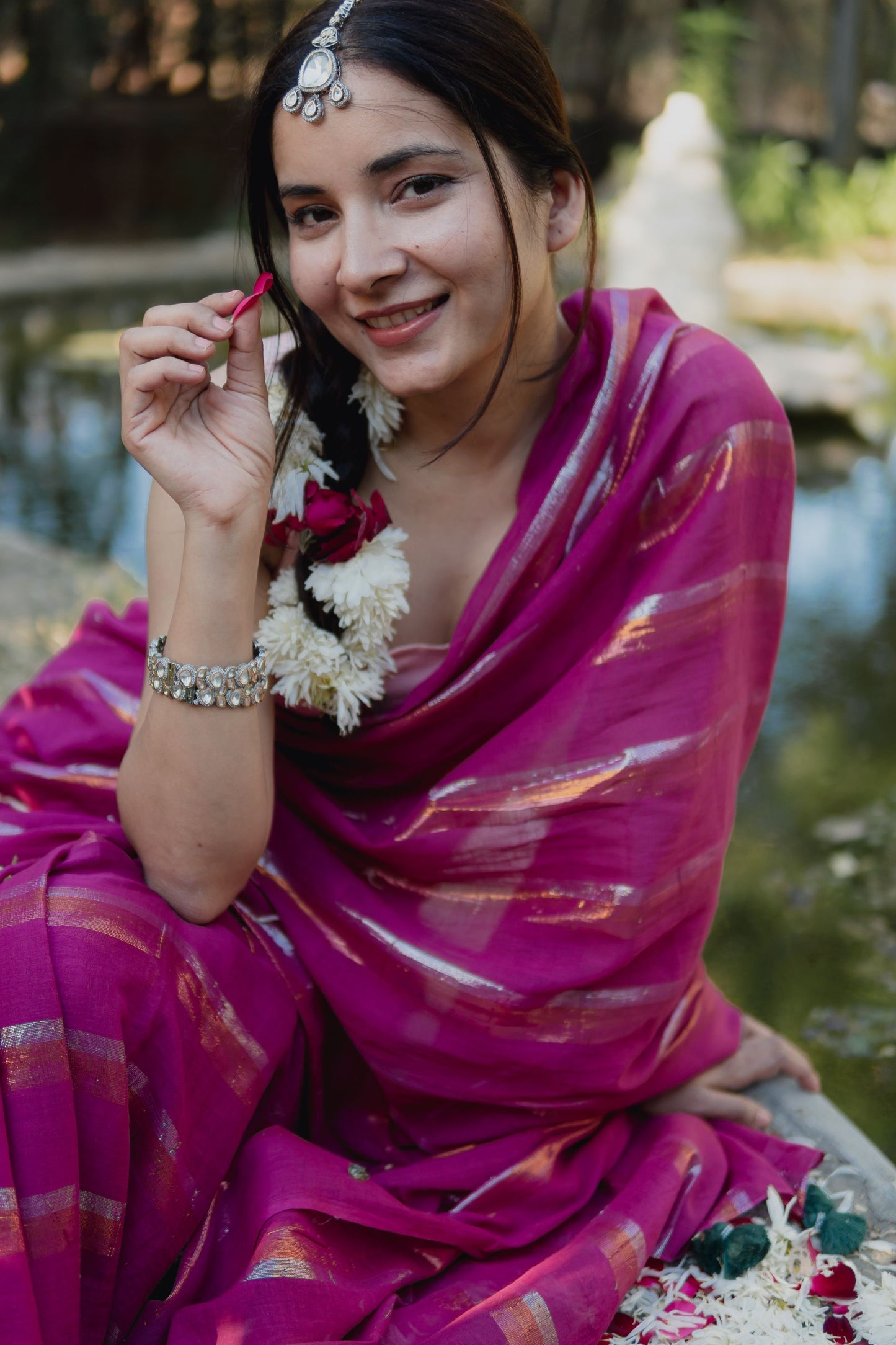 Gold & Silver Lurex Stripes Saree With Tassels