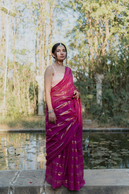 Gold & Silver Lurex Stripes Saree With Tassels