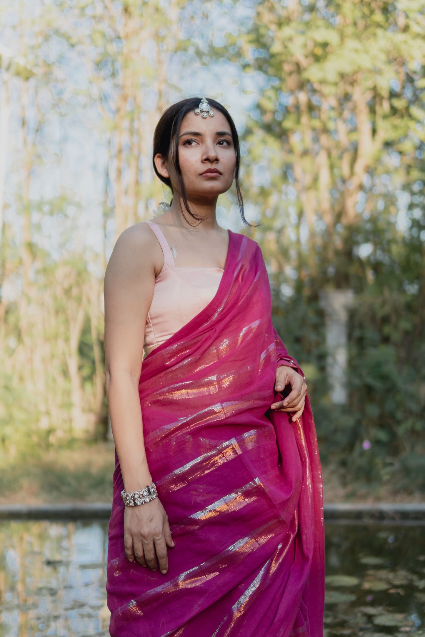 Gold & Silver Lurex Stripes Saree With Tassels