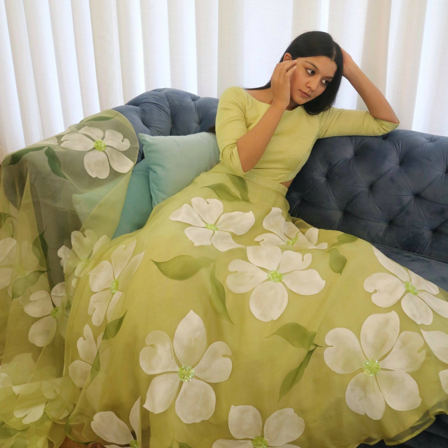 Flora Lehenga Set In Olive Green