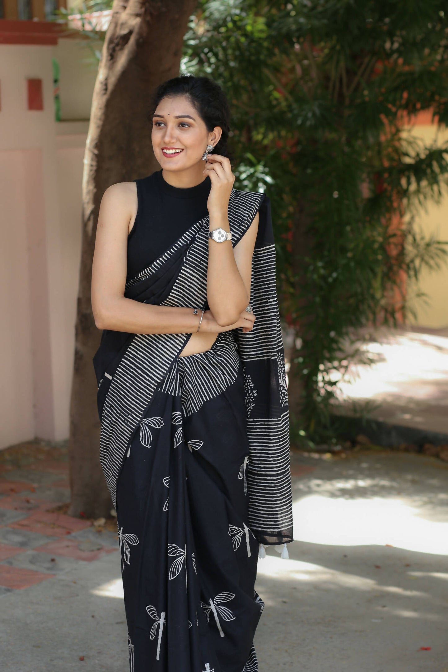 Black Dragonflies - Hand Block Print Mulmul Cotton Bagru Saree