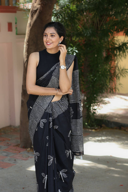 Black Dragonflies - Hand Block Print Mulmul Cotton Bagru Saree