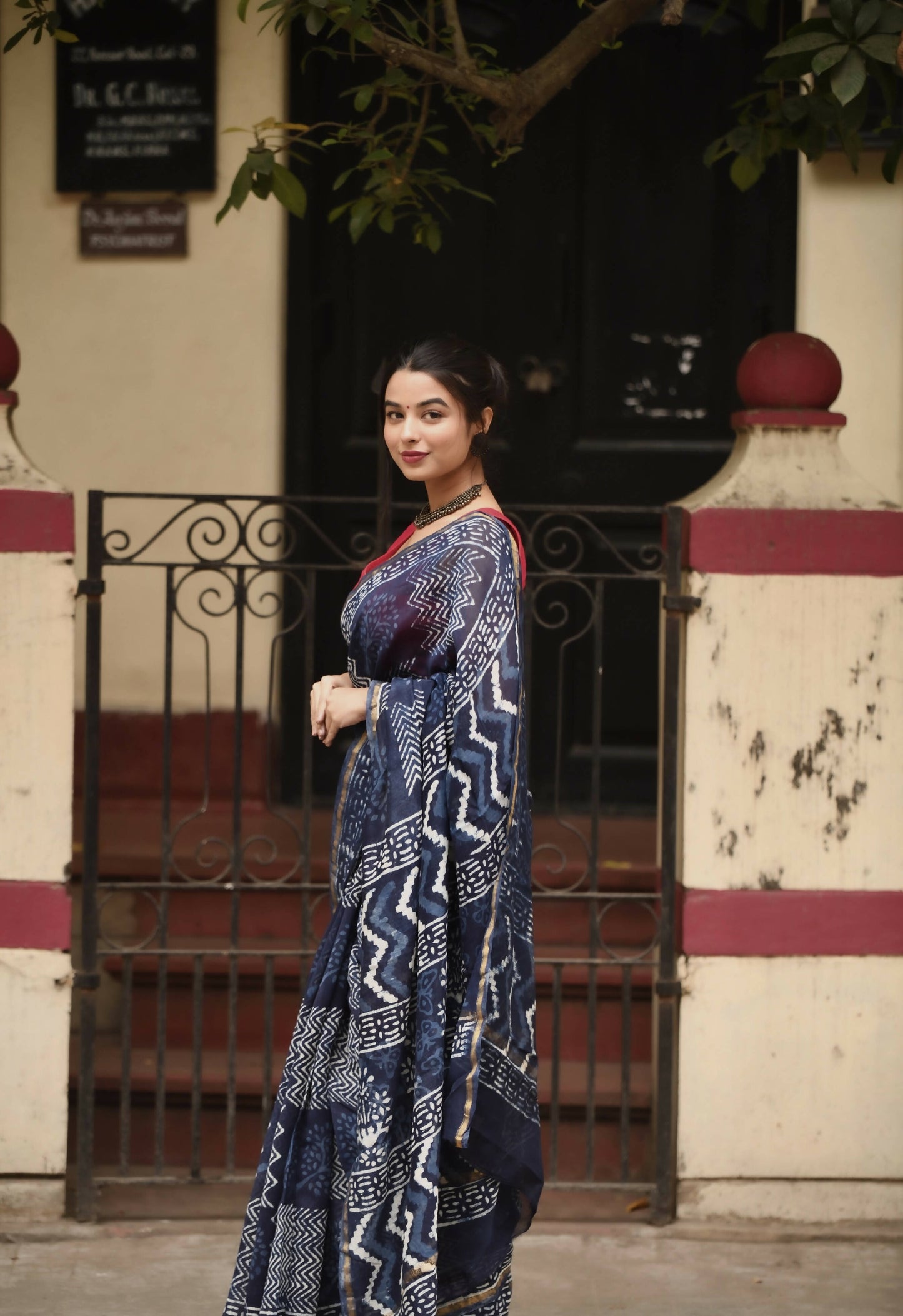 Indigo Waves - Hand Block Print Chanderi Silk Bagru Saree