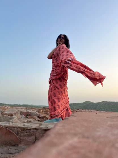 Jaipur Pink Handblock Print Natural Dyed Mulmul Cotton Saree