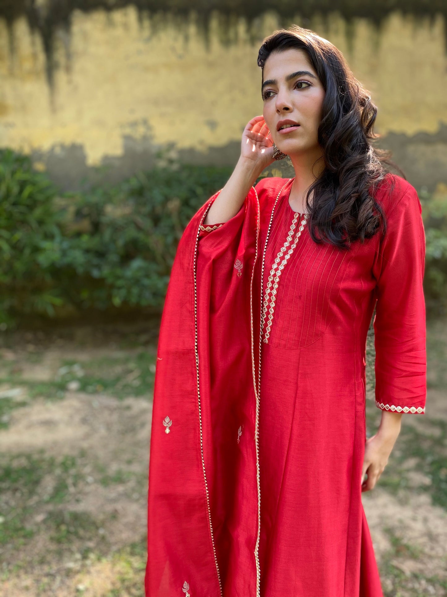 Red Chanderi Anarkali Set