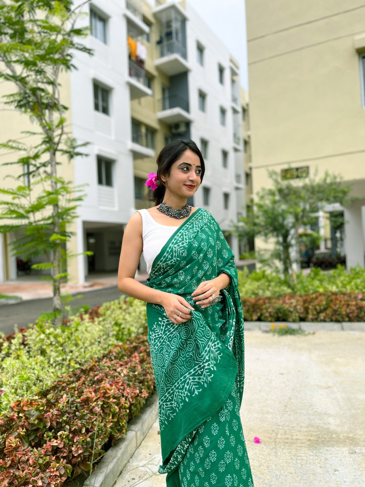 Hari Bhari Handblock Print Natural Dyed Mulmul Cotton Saree