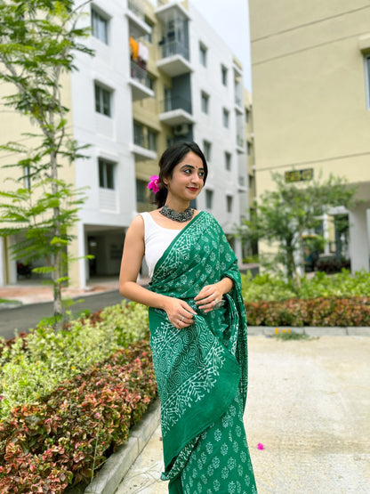 Hari Bhari Handblock Print Natural Dyed Mulmul Cotton Saree