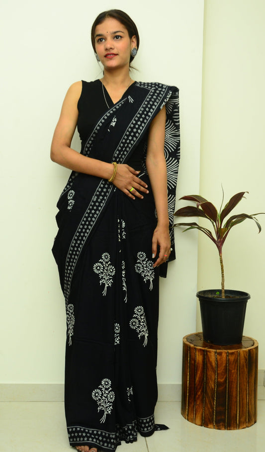 A Date Night Black Handblock Print Natural Dyed Mulmul Cotton Saree