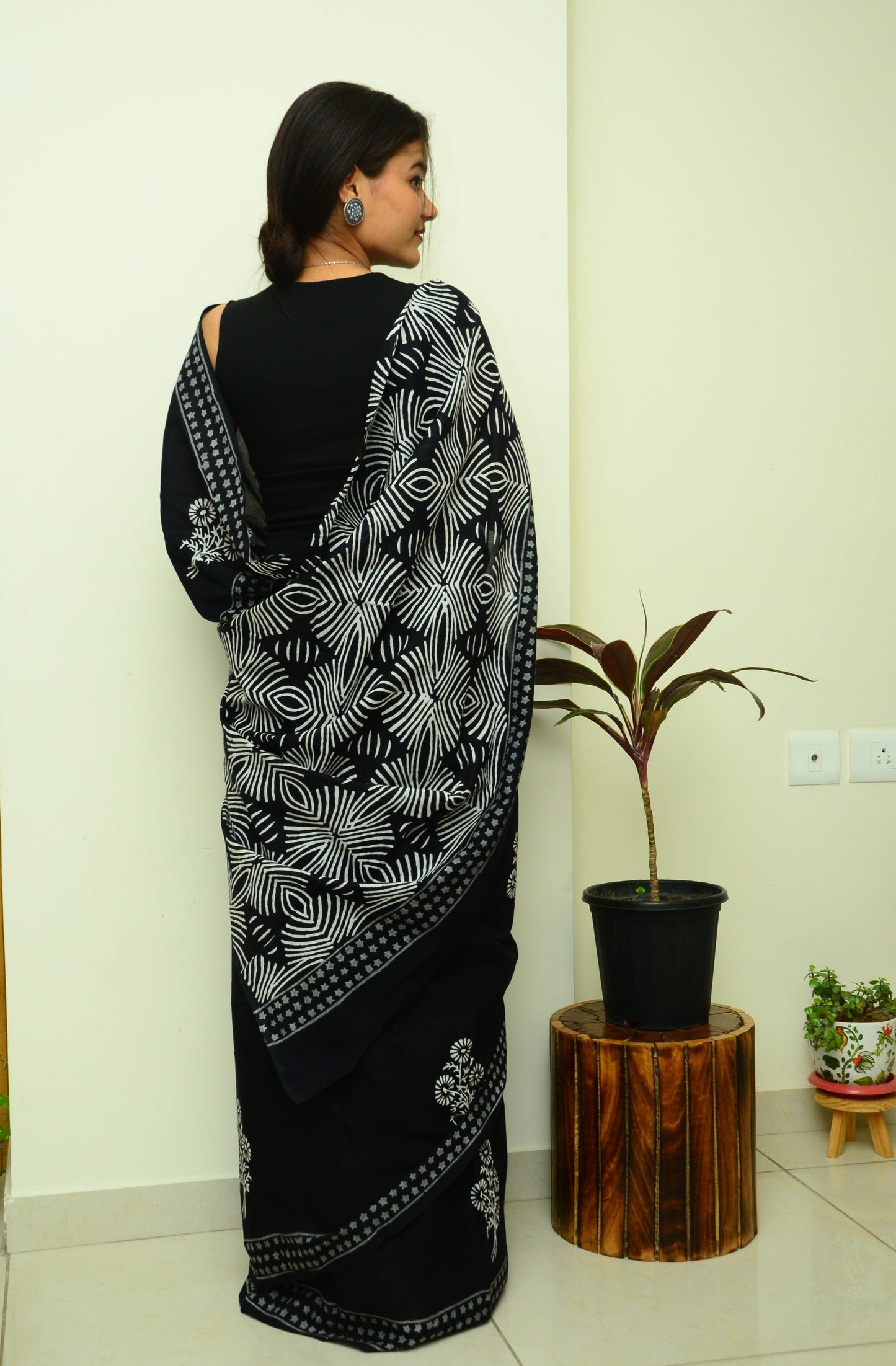 A Date Night Black Handblock Print Natural Dyed Mulmul Cotton Saree