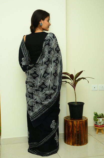 A Date Night Black Handblock Print Natural Dyed Mulmul Cotton Saree