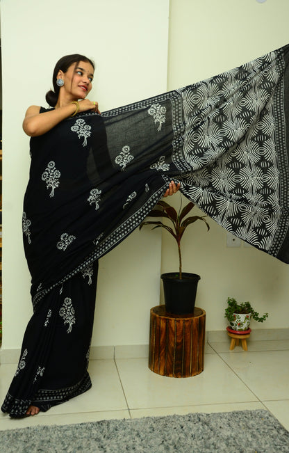 A Date Night Black Handblock Print Natural Dyed Mulmul Cotton Saree