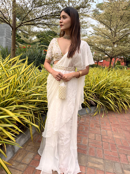 White Pre-Stitched Saree with Ruffle Detail