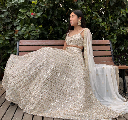 Ivory Lehenga Set with Gold and Mirror Work